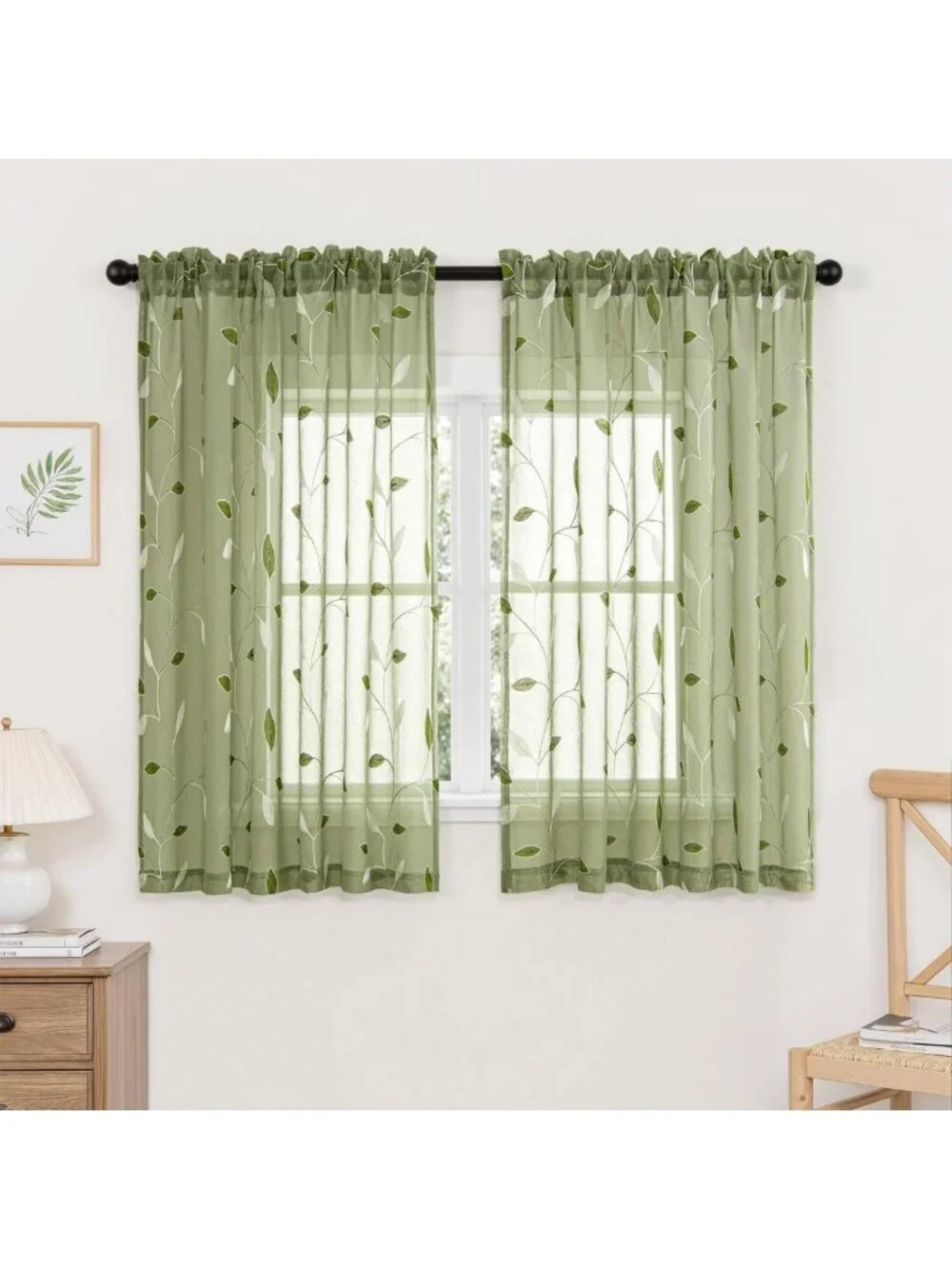 Sage Green Sheer Curtains - 2 Panels with Leaf Pattern, W52 x L45, Light